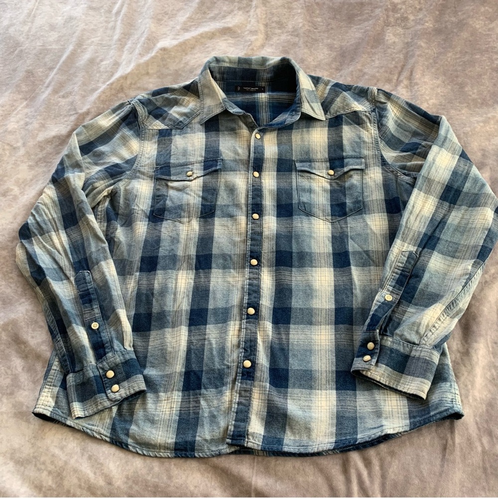 Lucky brand blue plaid button down shirt men’s L 100% cotton long sleeve
